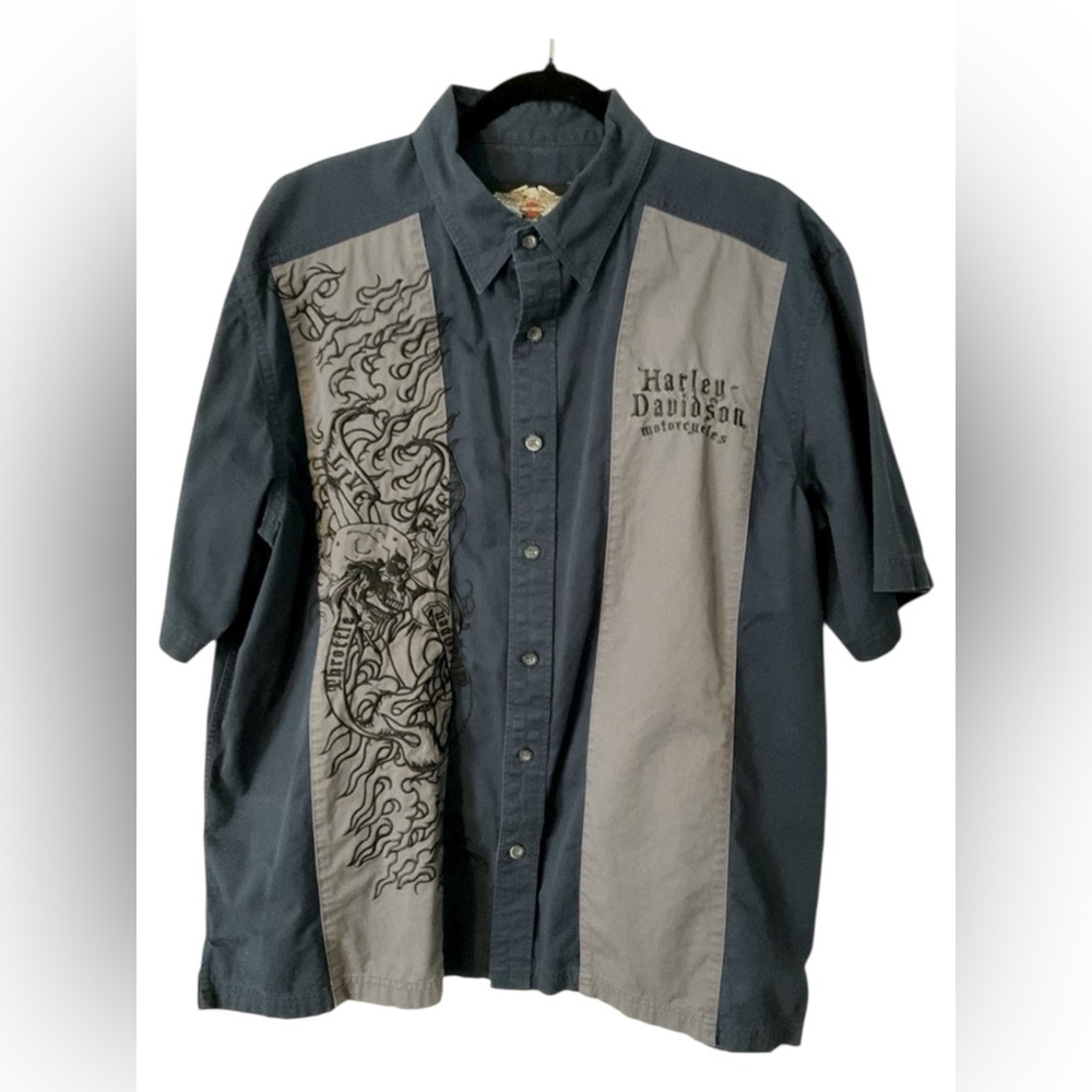 Men’s Authentic Harley-Davidson Button Down Shirt, XL,  Dark Blue & Gray
